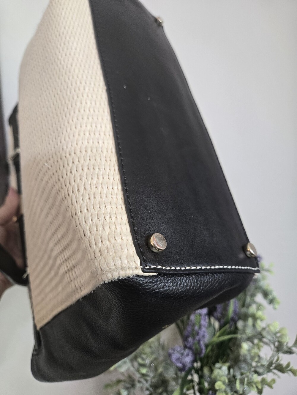 Kate Spade Houston Street Leo Black and Cream Woven Leather-Trim Tote - Picture 11 of 11